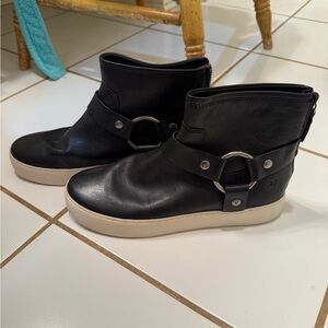 Frye bootie shoes, black with silver buckle, size 8